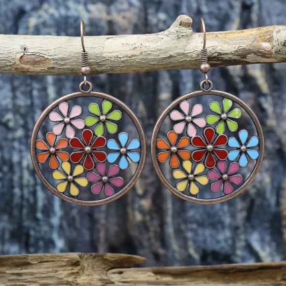 BOHO Multi-Color Enamel & Wood Necklace/Drop Earrings SET - Picture 2 of 9